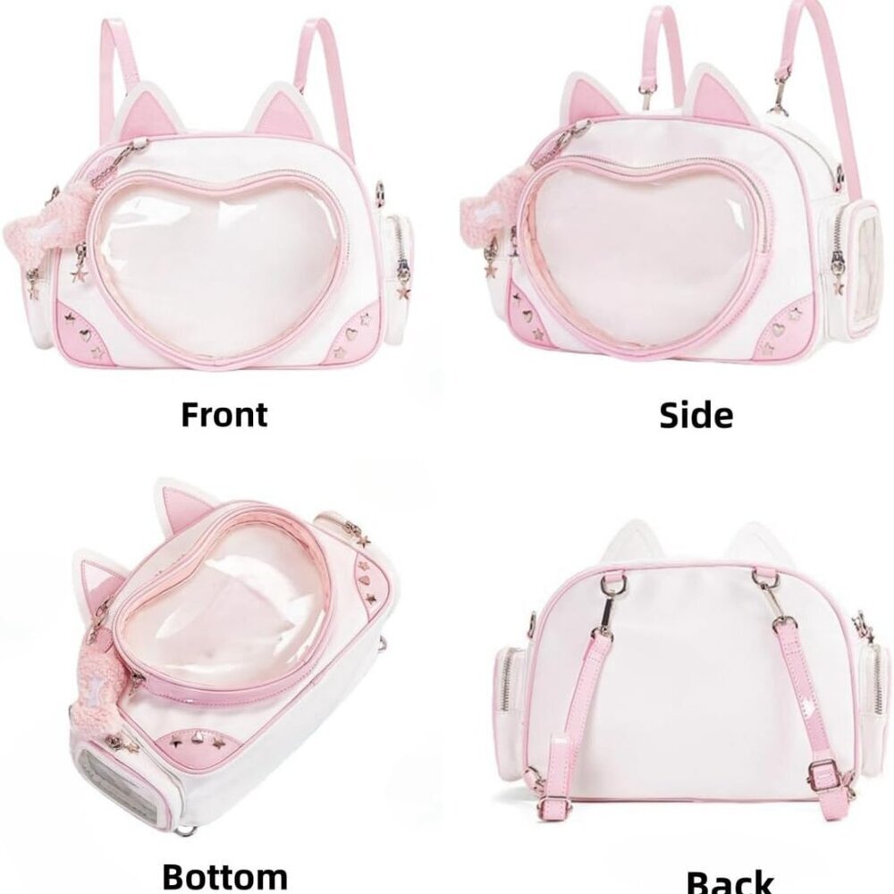 Kawaii Cat Ita Bag Crossbody Backpack Anime Pin Display Soft PU Pink - Picture 3 of 6